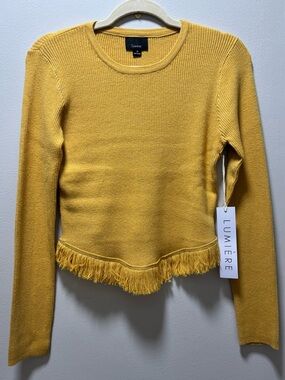 Sweater Lumiere Lightweight Mustard Fringe Hem Knit Size Small New with Tags